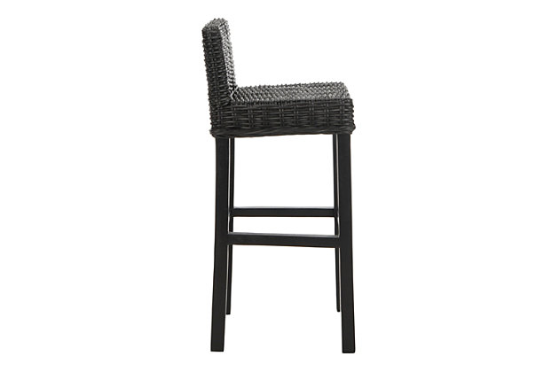 Equally at home in country, coastal or traditional interiors, the Porto Barstool offers a taste of the islands with its rich black woven rattan seat and back. With its sturdy Mango wood straight-legged charm, the Porto will provide functional fashion for your indoor seating at bar, counter or pub table. No assembly required.Dust regularly with a soft, dry cloth. Never use oiled or treated cloths on lacquered finishes. Some finishes can be wiped with a damp (not wet) cloth, followed at once by rubbing with a dry cloth to remove fingerprints and smudges. For persistent spots, gently clean with a soft cloth and a solution of water and mild soap, make sure to wipe dry. Use adhesive felt pads, coasters and placemats to protect your furniture. | 0