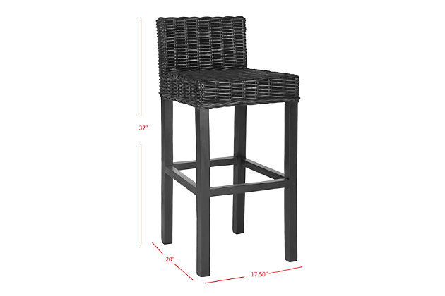 Equally at home in country, coastal or traditional interiors, the Porto Barstool offers a taste of the islands with its rich black woven rattan seat and back. With its sturdy Mango wood straight-legged charm, the Porto will provide functional fashion for your indoor seating at bar, counter or pub table. No assembly required.Dust regularly with a soft, dry cloth. Never use oiled or treated cloths on lacquered finishes. Some finishes can be wiped with a damp (not wet) cloth, followed at once by rubbing with a dry cloth to remove fingerprints and smudges. For persistent spots, gently clean with a soft cloth and a solution of water and mild soap, make sure to wipe dry. Use adhesive felt pads, coasters and placemats to protect your furniture. | 0