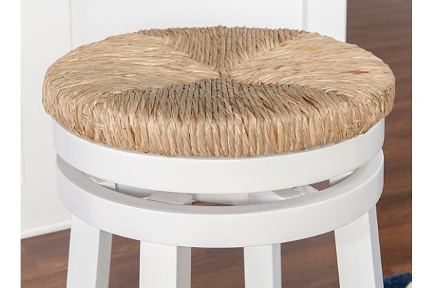 The Sea Grass Counter Stool White provides a simple sturdy round frame accented by the natural sea grass swivel seat. This casual Counter Stool with its beautiful white finish will compliment any décor. Some Assembly Required.Seat height 25.75" | Weight Capacity 275 lbs | Seat Dimensions 15.55" x 15.55" x 2.17" |  natural sea grass swivel seat