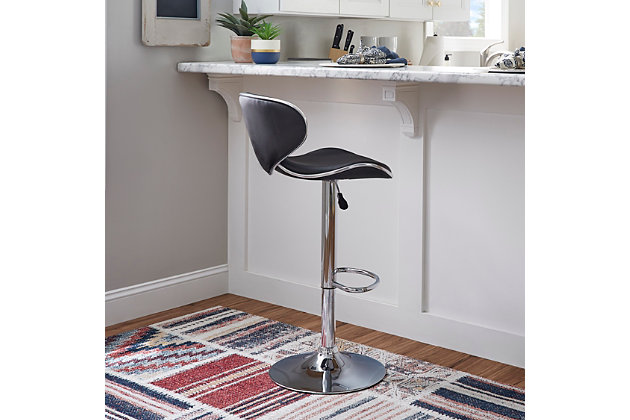 The Chrome Black Bar Stool is a unique, contemporary addition to your home. The curved back faux leather seat, round sturdy footrest and height adjustable lever provides both style and function. An eye-catching, versatile black and chrome easily complements your home's existing decor. Swivel seat adjusts with a gas-lift mechanism. 300 pound weight capacity. BIFMA 5.1 and EN1335 Standard testing passed and approved. Some assembly required.curved back faux leather seat  |  An eye-catching, versatile black and chrome easily complements your home's existing decor  |  a unique, contemporary addition to your home  |  300 pound weight capacity  |  adjustable lever