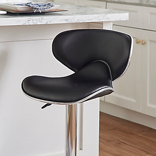 The Chrome Black Bar Stool is a unique, contemporary addition to your home. The curved back faux leather seat, round sturdy footrest and height adjustable lever provides both style and function. An eye-catching, versatile black and chrome easily complements your home's existing decor. Swivel seat adjusts with a gas-lift mechanism. 300 pound weight capacity. BIFMA 5.1 and EN1335 Standard testing passed and approved. Some assembly required.curved back faux leather seat  |  An eye-catching, versatile black and chrome easily complements your home's existing decor  |  a unique, contemporary addition to your home  |  300 pound weight capacity  |  adjustable lever