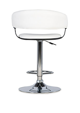 The Chrome Barrel Back Bar Stool is all about style and comfort.  A luxurious plush seat is upholstered in a rich white faux leather, while a plush curved seat back provides added comfort. Finished with a versatile chrome, this piece is an easy addition to any kitchen, bar or dining area. 300 pound weight capacity. BIFMA 5.1 and EN1335 standard testing passed and approved. Some assembly required.Stylish and functional  | White Faux Leather Seat | Height Adjustable seat with gas lift - Manufactured in China | 300 Pound Weight Capacity | BIFMA 5.1 and EN1335 Standard Testing Passed & Approved
