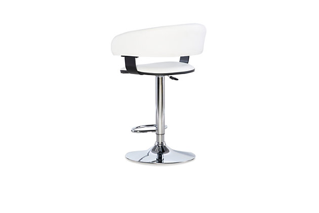 The Chrome Barrel Back Bar Stool is all about style and comfort.  A luxurious plush seat is upholstered in a rich white faux leather, while a plush curved seat back provides added comfort. Finished with a versatile chrome, this piece is an easy addition to any kitchen, bar or dining area. 300 pound weight capacity. BIFMA 5.1 and EN1335 standard testing passed and approved. Some assembly required.Stylish and functional  | White Faux Leather Seat | Height Adjustable seat with gas lift - Manufactured in China | 300 Pound Weight Capacity | BIFMA 5.1 and EN1335 Standard Testing Passed & Approved