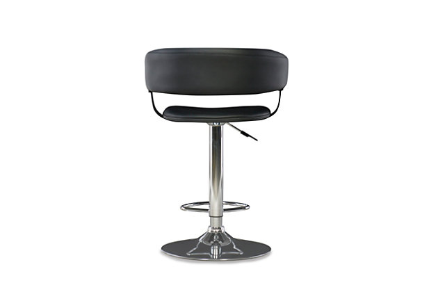 The Chrome Barrel Back Bar Stool is all about style and comfort.  A luxurious plush seat is upholstered in a dark black faux leather, while a plush curved seat back provides added comfort. Finished with a versatile chrome, this piece is an easy addition to any kitchen, bar or dining area. 300 pound weight capacity. BIFMA 5.1 and EN1335 Standard testing passed and approved. Some assembly required.Stylish and functional | Black Faux Leather Seat | Height Adjustable seat with gas lift - Manufactured in China | 300 Pound Weight Capacity | BIFMA 5.1 and EN1335 Standard Testing Passed & Approved