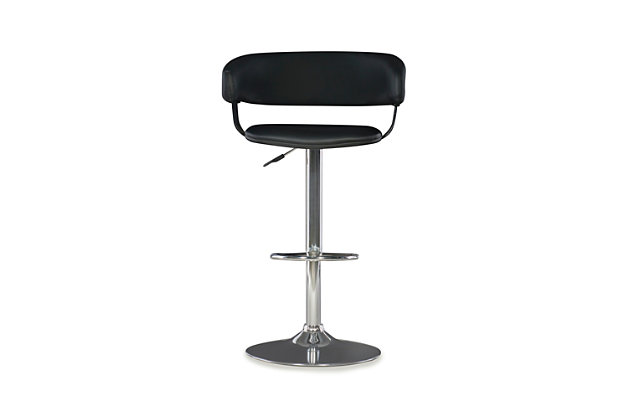 The Chrome Barrel Back Bar Stool is all about style and comfort.  A luxurious plush seat is upholstered in a dark black faux leather, while a plush curved seat back provides added comfort. Finished with a versatile chrome, this piece is an easy addition to any kitchen, bar or dining area. 300 pound weight capacity. BIFMA 5.1 and EN1335 Standard testing passed and approved. Some assembly required.Stylish and functional | Black Faux Leather Seat | Height Adjustable seat with gas lift - Manufactured in China | 300 Pound Weight Capacity | BIFMA 5.1 and EN1335 Standard Testing Passed & Approved