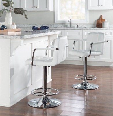 Powell Chrome  Quilted Adjustable Height Bar Stool, White, rollover