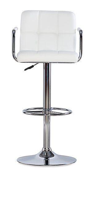 A stylish, faux leather quilted seat lends itself to the contemporary styling of this white swivel bar stool. Finished with a round sturdy footrest and a gas-lift mechanism for convenient height adjusting, this piece combines function, comfort and style. 300 pound weight capacity. BIFMA 5.1 and EN1335 standard testing passed and approved. Some assembly required.Finished with a round sturdy footrest | Feature a faux leather quilted seat | 300 pound weight capacity | gas-lift mechanism for convenient height adjusting | Some Assembly required