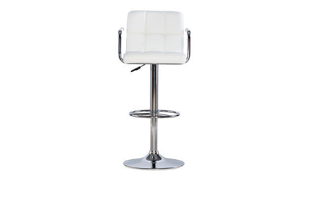 A stylish, faux leather quilted seat lends itself to the contemporary styling of this white swivel bar stool. Finished with a round sturdy footrest and a gas-lift mechanism for convenient height adjusting, this piece combines function, comfort and style. 300 pound weight capacity. BIFMA 5.1 and EN1335 standard testing passed and approved. Some assembly required.Finished with a round sturdy footrest | Feature a faux leather quilted seat | 300 pound weight capacity | gas-lift mechanism for convenient height adjusting | Some Assembly required