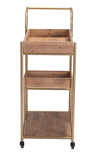 With a nod to mid-century design, this bar cart has all of the clean-lined aesthetic reminiscent of that modern era. Two removable trayed shelves and a flat base shelf make this cart super functional and perfect for tableside serving. Its black casters have a stopping mechanism so you can roll when you want to.Weight capacity 50 (lbs.) | Storage | Casters w/stop mechanism | 2 removable trays