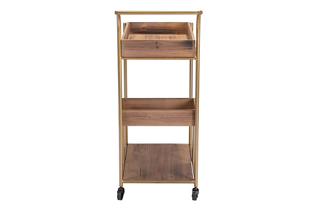 With a nod to mid-century design, this bar cart has all of the clean-lined aesthetic reminiscent of that modern era. Two removable trayed shelves and a flat base shelf make this cart super functional and perfect for tableside serving. Its black casters have a stopping mechanism so you can roll when you want to.Weight capacity 50 (lbs.) | Storage | Casters w/stop mechanism | 2 removable trays