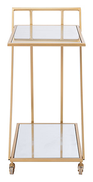 Pump up the glam at your next dinner party with this mirror and gold bar cart. A simple, straight line design to complete the contemporary look of your home. Perfect for placing beverages and snacks for your guests, while allowing for easy mobility. When guests are gone, it serves as extra storage for your bar necessities.Weight capacity 100 (lbs.) | Storage | Casters | Mirrored shelves