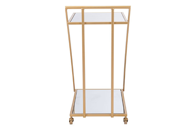 Pump up the glam at your next dinner party with this mirror and gold bar cart. A simple, straight line design to complete the contemporary look of your home. Perfect for placing beverages and snacks for your guests, while allowing for easy mobility. When guests are gone, it serves as extra storage for your bar necessities.Weight capacity 100 (lbs.) | Storage | Casters | Mirrored shelves