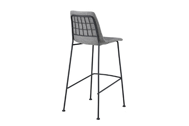 Contemporary meets cozy with this elegant yet relaxing bar stool. Quilted fabric over foam creates a warm yet polished seating while the long powder-coated steel legs literally elevate the general aesthetic. Both the black and the light grey color options are interwoven with white strands that give the impression of a tweed-like fabric.Fabric over foam seat and back | Solid steel frame and legs | Powder coated frame and legs