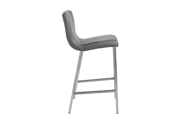 Designed with an elegant, contemporary flair, this Scott Counter Stool is a study in stylish form and delightful function. Featuring a soft leatherette seat and back and square brushed stainless-steel frame, legs and footrest, this unpretentious stool fits into any home or business environment.Soft leatherette over foam seat and back | Square brushed stainless steel legs | Plastic feet