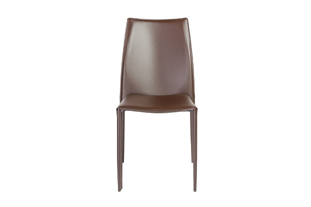 To look at the Dalia chair, not to mention sitting in it, you would never expect this piece to offer such luxurious comfort. It's completely covered in leather and makes having a stack of fabulous chairs ready to go, a reality.Fully upholstered regenerated leather chair | Internal steel frame | No assembly required