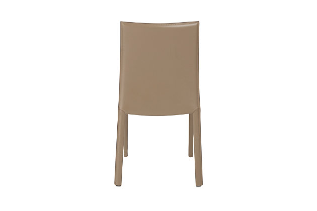 Every surface is leather on the Hasina Side Chair. The legs, back and seat provide the special feel of lasting elegance. The seat back curves gently for added comfort, giving this chair a particularly lovely silhouette.Regenerated leather seat, back and legs on steel frame | Internal powder coated metal frame | Plastic feet
