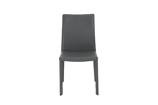 Every surface is leather on the Hasina Side Chair. The legs, back and seat provide the special feel of lasting elegance. The seat back curves gently for added comfort, giving this chair a particularly lovely silhouette.Regenerated leather seat, back and legs on steel frame | Internal powder coated metal frame | Plastic feet