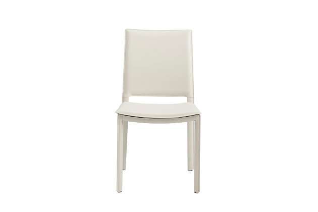 Completely skinned with leatherette, the Kate chair makes a statement. And the well-designed space where the back meets the seat gives this chair a timeless shape. It will look this good for generations.Fully upholstered hard leatherette chair | Oval legs | Solid steal upholstered with PVC material | Meant for residential use