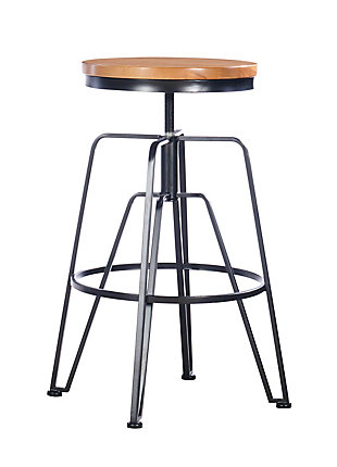 This wood and metal adjustable stool is perfect for adding contemporary-style seating to a pub table or counter. The wood top and black iron base easily complement a variety of decor schemes. Spin the wood top and the stool easily adjusts from 25" to 29". The bottom foot railing aids in the sturdiness and durability of the piece.Made of rubberwood and metal | Top spins to adjust seat height | Wood top | Black iron base | Assembly required