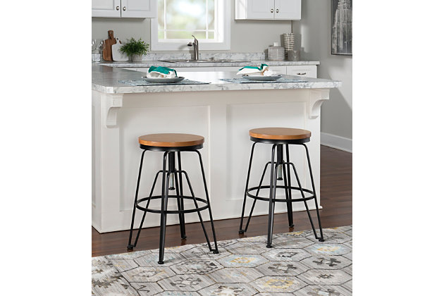 This wood and metal adjustable stool is perfect for adding contemporary-style seating to a pub table or counter. The wood top and black iron base easily complement a variety of decor schemes. Spin the wood top and the stool easily adjusts from 25" to 29". The bottom foot railing aids in the sturdiness and durability of the piece.Made of rubberwood and metal | Top spins to adjust seat height | Wood top | Black iron base | Assembly required