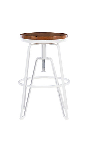 This wood and metal adjustable stool is perfect for adding contemporary-style seating to a pub table or counter. The wood top and white iron base easily complement a variety of decor schemes. Spin the wood top and the stool easily adjusts from 25" to 29". The bottom foot railing aids in the sturdiness and durability of the piece.Made of rubberwood and metal | Top spins to adjust seat height | Solid wood top | White iron base | Assembly required