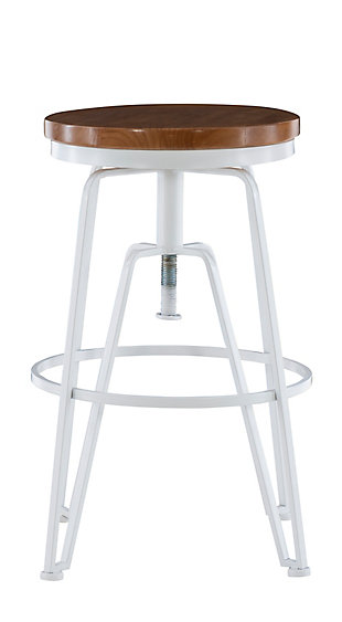 This wood and metal adjustable stool is perfect for adding contemporary-style seating to a pub table or counter. The wood top and white iron base easily complement a variety of decor schemes. Spin the wood top and the stool easily adjusts from 25" to 29". The bottom foot railing aids in the sturdiness and durability of the piece.Made of rubberwood and metal | Top spins to adjust seat height | Solid wood top | White iron base | Assembly required
