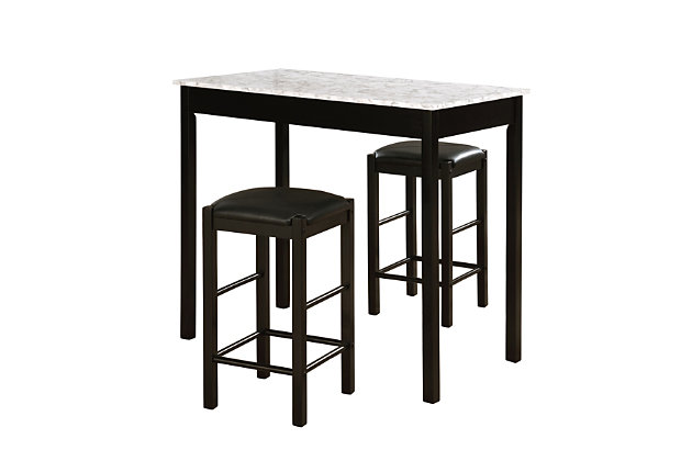 This 3-piece dining set features an elegant rectangular table on long sturdy legs, along with two backless counter height stools with black faux leather upholstered seats. The black finish of the base and legs gives this piece an elegant and sophisticated appeal, and the stools tuck neatly under the table when not in use. This set is great for the kitchen, dining area, den or any place you entertain.3-piece set includes table and 2 stools | Made of wood and engineered wood | Black faux marble top | Black faux leather upholstered seats | Multi-step black finish applied to base and legs | 36" counter height table | Stool height 24" | Space-saving solution | Assembly required