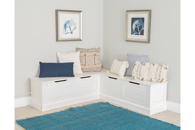 Balancing beauty with convenience, this charming backless storage bench transforms any corner with its timeless design. The solid white base and benches offer a refreshing yet classic look. Ideal for a dining nook, mudroom or playroom, the lift top seat design provides versatile storage space for winter apparel, seasonal decor or toys.Made of pine wood | Seats and base in white painted finish | Bench seats with hidden storage | Soft-close hinges avoid slamming | Weight capacity 500 pounds | Assembly required