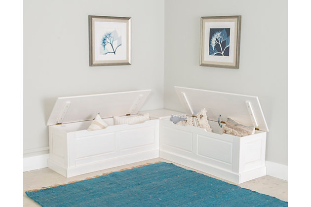 Balancing beauty with convenience, this charming backless storage bench transforms any corner with its timeless design. The solid white base and benches offer a refreshing yet classic look. Ideal for a dining nook, mudroom or playroom, the lift top seat design provides versatile storage space for winter apparel, seasonal decor or toys.Made of pine wood | Seats and base in white painted finish | Bench seats with hidden storage | Soft-close hinges avoid slamming | Weight capacity 500 pounds | Assembly required