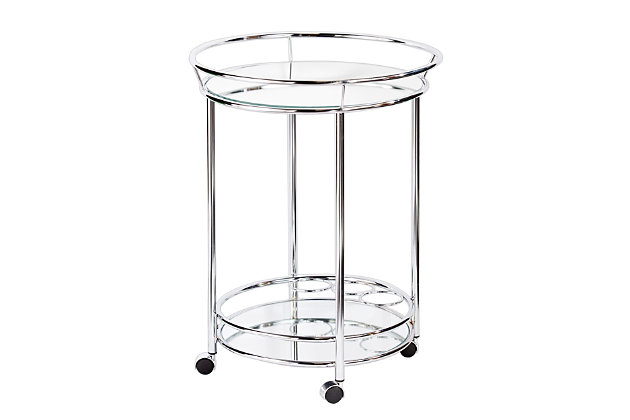 Jazz up your entertaining resume with this high-shine, high-style bar cart. Its mirrored shelf and tabletop display appetizers and cocktail ingredients, while three bottle holders strut your favorite vintages. Casters let the good times roll.Made of iron in metallic chrome-tone finish | Mirrored shelf and tabletop | 3 wine bottle holders | 1920s-inspired silhouette | Assembly required | Assembly time frame is 15 to 30 min.