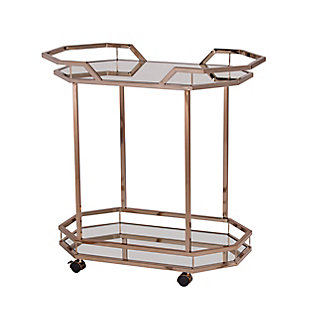 You’re the life of the party with this 1920s-style mirrored bar cart. Mirrored shelves add depth and dimension to your fabulous bar collection, while an elegant champagne finish elevates your art deco lifestyle to the next level. Locking casters give you the freedom to take the party from room to room. Reflect on the finer things with this metal drink cart with wheels.Plated iron frame in champagne finish | 3 tempered mirrored glass shelves | Locking casters for easy mobility/stability | Assembly required | Assembly time frame is 15 to 30 min.