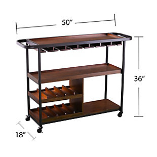 Gather friends and raise your glass with this modern bar cart—perfect for at-home get-togethers. Tray shelving ensures that glasses and utensils stay where they belong, and specially designed storage compartments easily hold wine glasses and bottles. Wheel this wine cart wherever the party may take you, from dining rooms and kitchens to open-concept living spaces.Made of engineered wood and birch veneer Black powdercoat iron frame | 3 shelves with dark tobacco finish | 10 bottle holders | 2 towel rack holders | Stemware rack | Casters for easy mobility | Assembly required | Assembly time frame is 15 to 30 min.