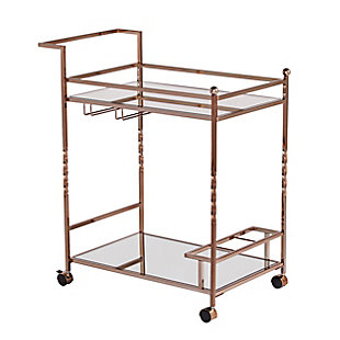 Stack up your style with this double-decker mirrored bar cart. Two mirrored shelves reflect your bar collection, while stemware racks and bottle holders keep your items easily accessible and neatly organized. A conveniently placed handle and smooth-gliding casters help keep the party on a roll.Plated iron frame in champagne finish | 5-mm mirrored glass top and shelf | 3 bottle holders | 2 stemware racks | Locking casters for easy mobility/stability | Assembly required | Assembly time frame is 15 to 30 min.