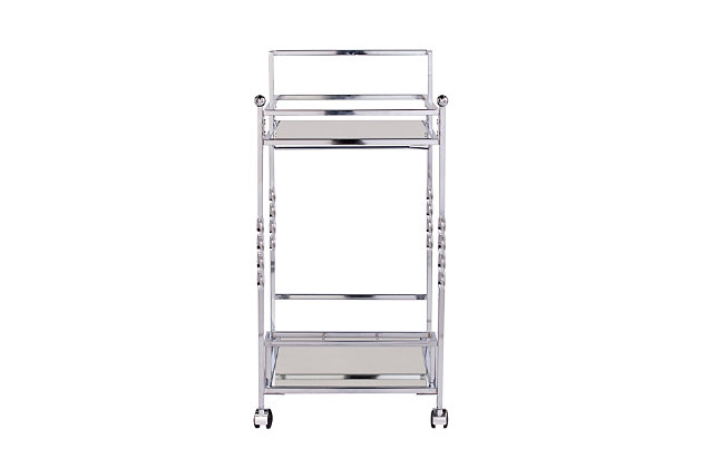 Stack up your style with this double-decker mirrored bar cart. Two mirrored shelves reflect your bar collection, while stemware racks and bottle holders keep your items easily accessible and neatly organized. A conveniently placed handle and smooth-gliding casters help keep the party on a roll.Plated iron frame in chrome-tone finish | 5-mm mirrored glass top and shelf | 3 bottle holders | 2 stemware racks | Locking casters for easy mobility/stability | Assembly required | Assembly time frame is 15 to 30 min.