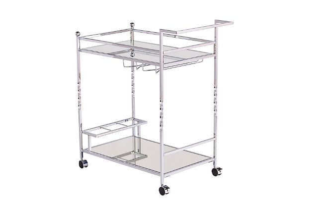 Stack up your style with this double-decker mirrored bar cart. Two mirrored shelves reflect your bar collection, while stemware racks and bottle holders keep your items easily accessible and neatly organized. A conveniently placed handle and smooth-gliding casters help keep the party on a roll.Plated iron frame in chrome-tone finish | 5-mm mirrored glass top and shelf | 3 bottle holders | 2 stemware racks | Locking casters for easy mobility/stability | Assembly required | Assembly time frame is 15 to 30 min.