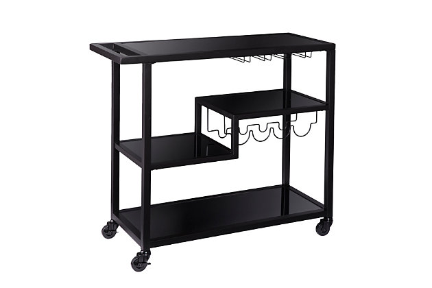 High style, brilliantly served. Keep the party rolling with this bar cart. Its combination of a sleek black frame and smoky gray glass is so contemporary. Stemware racks and bottle holders keep your breakables in place. Shelves accommodate mixers and assorted accoutrements.Iron frame in black finish | 5-mm smoked glass mirrored surfaces | 4 tiers | Wine rack and 4 glassware racks (holds approximately 8 glasses) | Locking casters for easy mobility/stability | Assembly required | Assembly time frame is 15 to 30 min.