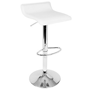 A gentle wave in the upholstered leatherette seat of this bar stool creates a welcoming allure. Featuring an adjustable polished chrome-tone pole base and footrest, it allows you to position the seat height anywhere from 21 to 30 inches. With this bar stool, you get simple yet sophisticated style at a great value.Set of 2 | Made of metal, vinyl and birch | White upholstered seat with low backrest | Metal base with chrome-tone finish | 360-degree swivel | Adjusts from counter to bar height | Assembly required