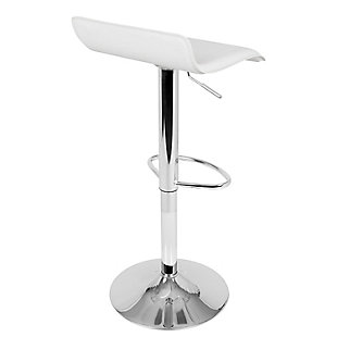 A gentle wave in the upholstered leatherette seat of this bar stool creates a welcoming allure. Featuring an adjustable polished chrome-tone pole base and footrest, it allows you to position the seat height anywhere from 21 to 30 inches. With this bar stool, you get simple yet sophisticated style at a great value.Set of 2 | Made of metal, vinyl and birch | White upholstered seat with low backrest | Metal base with chrome-tone finish | 360-degree swivel | Adjusts from counter to bar height | Assembly required