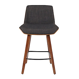 The wide, welcoming seat of this counter stool beckons for you to sit and unwind for a while. A fabric upholstered seat and fixed wood legs add to its modern-yet-chic design.Made of walnut, steel, fabric and foam | Bentwood legs with walnut finish | Metal frame with black finish | Padded seat and backrest with charcoal upholstery | 360-degree swivel | Fixed counter height | Built-in square footrest | Assembly required
