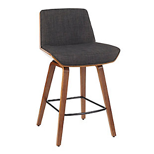 The wide, welcoming seat of this counter stool beckons for you to sit and unwind for a while. A fabric upholstered seat and fixed wood legs add to its modern-yet-chic design.Made of walnut, steel, fabric and foam | Bentwood legs with walnut finish | Metal frame with black finish | Padded seat and backrest with charcoal upholstery | 360-degree swivel | Fixed counter height | Built-in square footrest | Assembly required