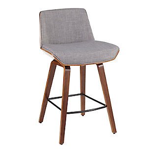The wide, welcoming seat of this counter stool beckons for you to sit and unwind for a while. A fabric upholstered seat and fixed wood legs add to its modern-yet-chic design.Made of walnut, steel, fabric and foam | Bentwood legs with walnut finish | Metal frame with black finish | Padded seat and backrest with light gray upholstery | 360-degree swivel | Fixed counter height | Built-in square footrest | Assembly required