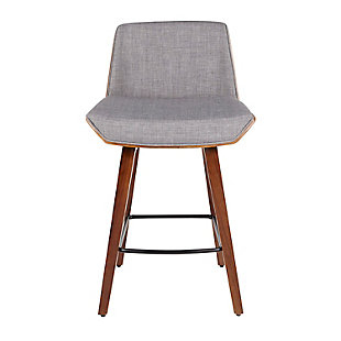 The wide, welcoming seat of this counter stool beckons for you to sit and unwind for a while. A fabric upholstered seat and fixed wood legs add to its modern-yet-chic design.Made of walnut, steel, fabric and foam | Bentwood legs with walnut finish | Metal frame with black finish | Padded seat and backrest with light gray upholstery | 360-degree swivel | Fixed counter height | Built-in square footrest | Assembly required