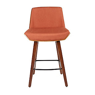 The wide, welcoming seat of this counter stool beckons for you to sit and unwind for a while. A fabric upholstered seat and fixed wood legs add to its modern-yet-chic design.Made of walnut, steel, fabric and foam | Bentwood legs with walnut finish | Metal frame with black finish | Padded seat and backrest with orange upholstery | 360-degree swivel | Fixed counter height | Built-in square footrest | Assembly required