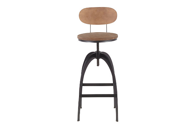Add interest to your kitchen or bar with this mid-back bar stool. The perfect combination of rustic and modern styling, it showcases a wood seat and backrest, and a metal base with a screw-top swivel and adjustable height. The design has industrial undertones.Made of bamboo and steel | Sturdy metal base with black finish | Seat with distressed brown wood finish | Adjustable height | Built-in footrest | 360-degree swivel | Assembly required