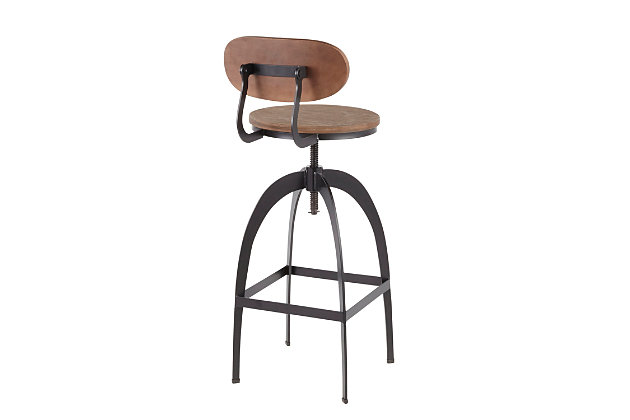 Add interest to your kitchen or bar with this mid-back bar stool. The perfect combination of rustic and modern styling, it showcases a wood seat and backrest, and a metal base with a screw-top swivel and adjustable height. The design has industrial undertones.Made of bamboo and steel | Sturdy metal base with black finish | Seat with distressed brown wood finish | Adjustable height | Built-in footrest | 360-degree swivel | Assembly required