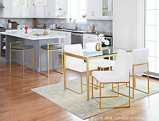 The simple elegance of this counter stool belies its astonishing comfort. Lightweight thin lines create a simplistic frame, and a low backrest supports the thick padded seat cushion. A stackable design for easy storage makes it great for entertaining. With its minimalist stylishness, this stool is sure to match any decor.Set of 2 | Made of steel, vinyl leather, foam and birch | Frame with goldtone finish | Padded seat with gray faux leather upholstery | Fixed counter height | Stackable design | Assembly required