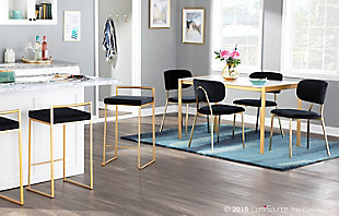The simple elegance of this counter stool belies its astonishing comfort. Lightweight thin lines create a simplistic frame, and a low backrest supports the thick padded seat cushion. A stackable design for easy storage makes it great for entertaining. With its minimalist stylishness, this stool is sure to match any decor.Set of 2 | Made of steel, velvet fabric, foam and birch | Frame with goldtone finish | Padded seat with black velvet upholstery | Fixed counter height | Stackable design | Assembly required