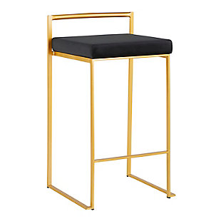 The simple elegance of this counter stool belies its astonishing comfort. Lightweight thin lines create a simplistic frame, and a low backrest supports the thick padded seat cushion. A stackable design for easy storage makes it great for entertaining. With its minimalist stylishness, this stool is sure to match any decor.Set of 2 | Made of steel, velvet fabric, foam and birch | Frame with goldtone finish | Padded seat with black velvet upholstery | Fixed counter height | Stackable design | Assembly required