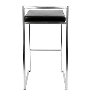 The simple elegance of this bar stool belies its astonishing comfort. Lightweight thin lines create a simplistic frame, and a low backrest supports the thick padded seat cushion. A stackable design for easy storage makes it great for entertaining. With its minimalist stylishness, this stool is sure to match any decor.Set of 2 | Made of metal, vinyl leather, foam and birch | Frame with chrome-tone finish | Padded seat with black faux leather upholstery | Fixed bar height | Stackable design | Assembly required