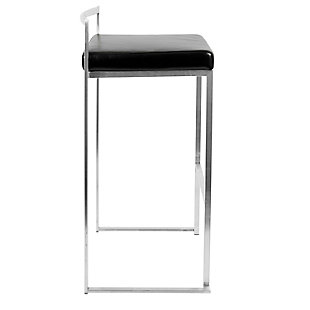 The simple elegance of this bar stool belies its astonishing comfort. Lightweight thin lines create a simplistic frame, and a low backrest supports the thick padded seat cushion. A stackable design for easy storage makes it great for entertaining. With its minimalist stylishness, this stool is sure to match any decor.Set of 2 | Made of metal, vinyl leather, foam and birch | Frame with chrome-tone finish | Padded seat with black faux leather upholstery | Fixed bar height | Stackable design | Assembly required